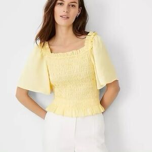 Ann Taylor Medium Yellow Smocked Ruffle Flutter Sleeve Cropped Square Neck Top